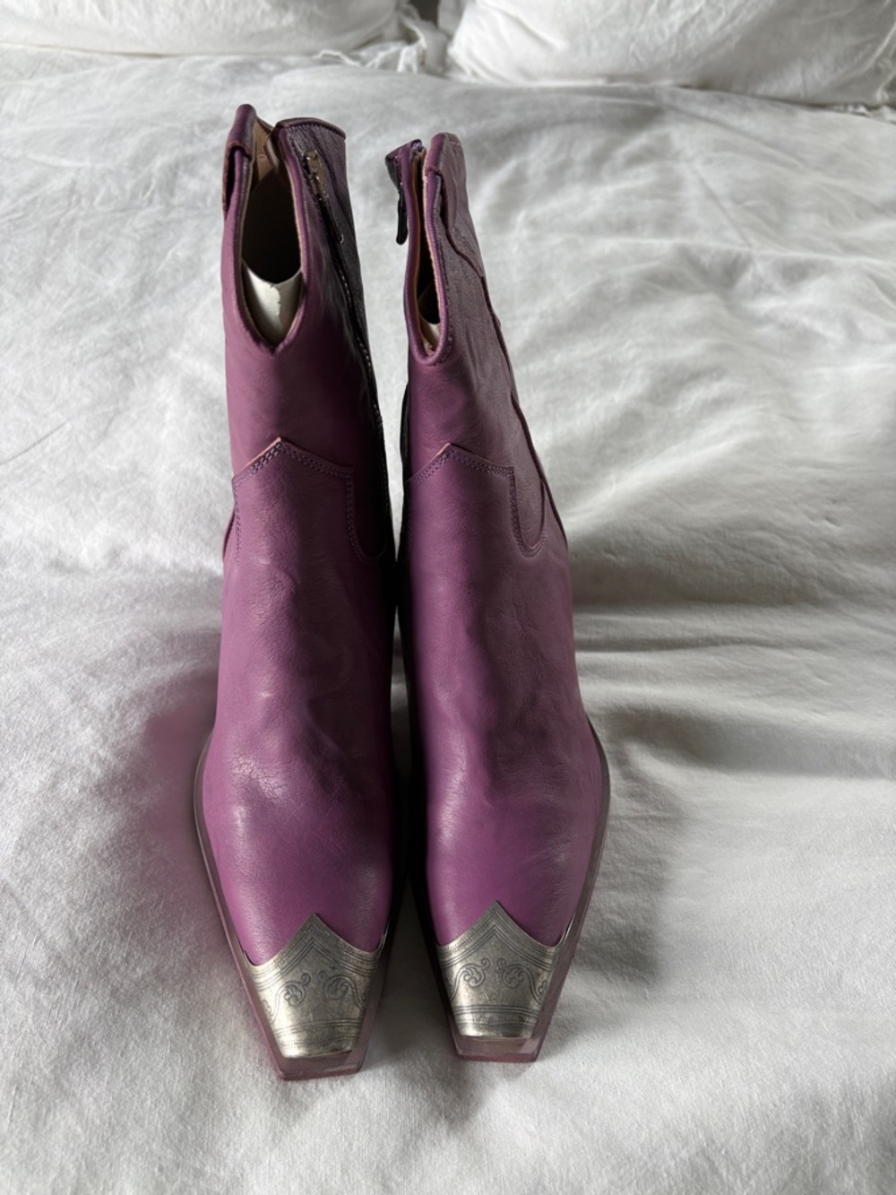 Free People Brayden Purple Leather Western Ankle Boots with Silver Toe Caps
